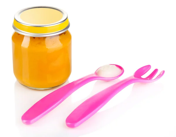Tenedor rosado y cuchara para alimentos para bebés con nutrición para bebés aislada en blanco —  Fotos de Stock