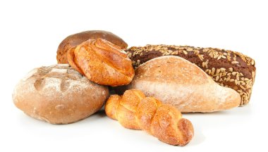 ekmek ve rulolar, üzerinde beyaz izole kompozisyonu