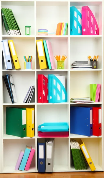 White office shelves with different stationery, close up — Stock Photo, Image