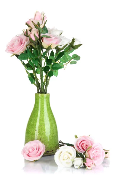 Beautiful pink and white roses in vase isolated on white — Stock Photo, Image