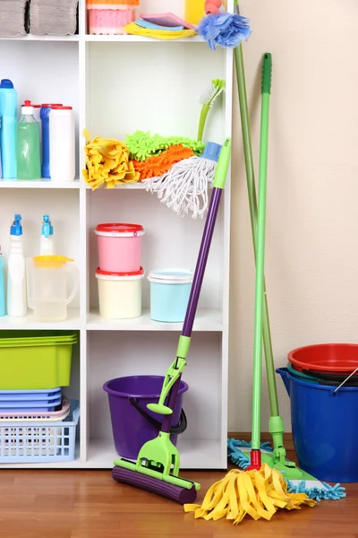 Prateleiras em despensa com produtos de limpeza para close-up em casa — Fotografia de Stock