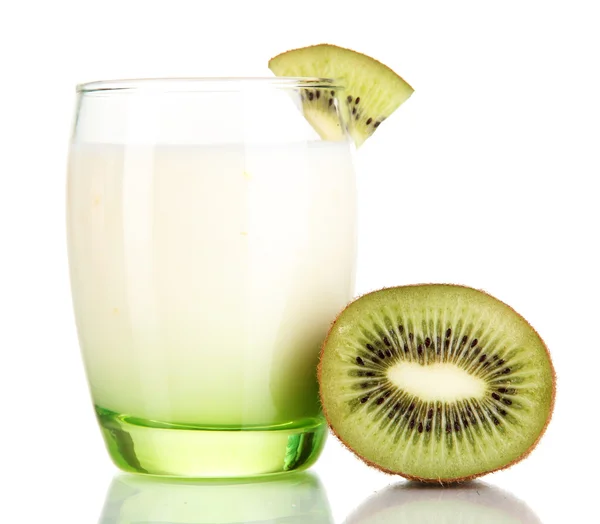 Delicious yogurt with kiwi in glass isolated on white — Stock Photo, Image