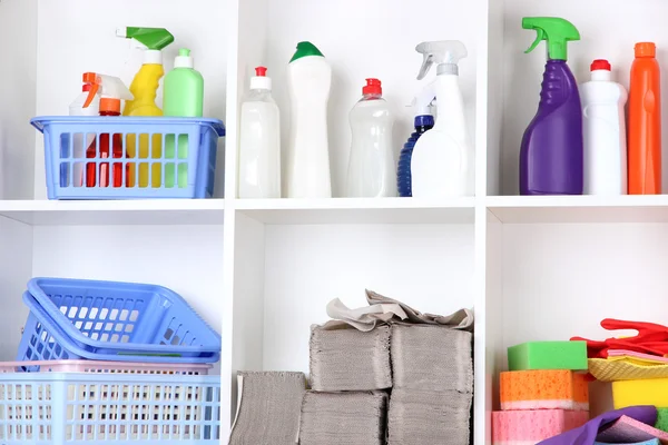 Shelves in pantry with cleaners for home close-up — Stock Photo, Image