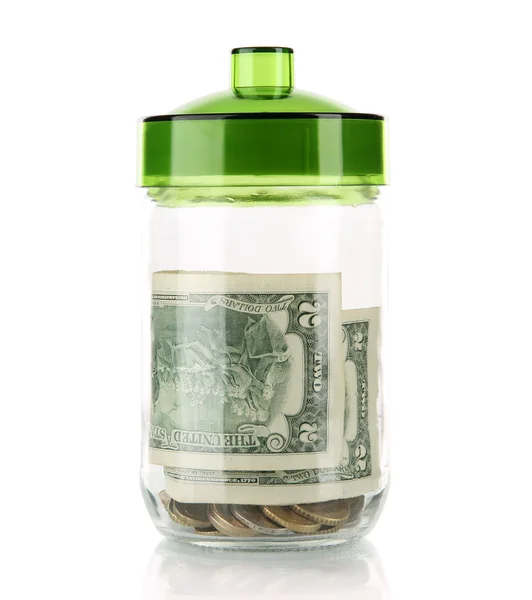 Frasco de vidro com dinheiro isolado em branco — Fotografia de Stock