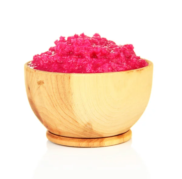 Horseradish sauce with beet in wooden bowl, isolated on white — Stock Photo, Image