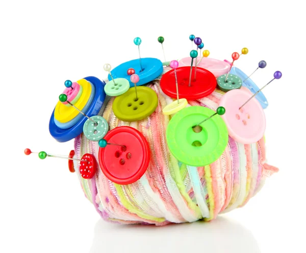 Colorful buttons and multicolor wool ball, isolated on white — Stock Photo, Image