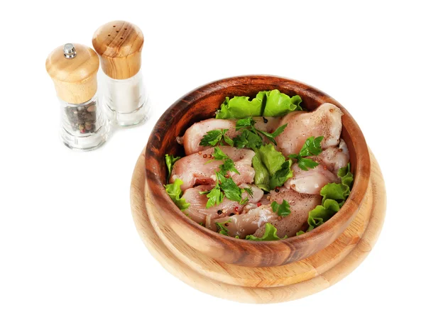 Chicken meat in wooden bowl, herbs, spices isolated on white — Stock Photo, Image