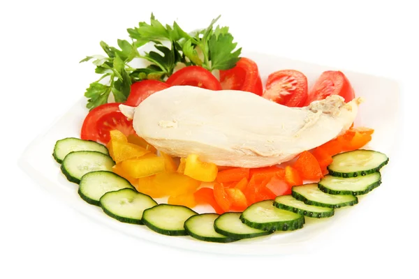 Boiled chicken breast on plate with vegetables isolated on white — Stock Photo, Image