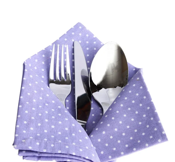 Fork spoon and knife in napkin isolated on white — Stock Photo, Image