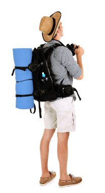 Genç hiker adam turist ile dürbün, üzerinde beyaz izole