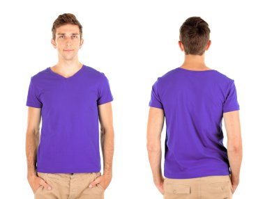 genç adam önünde ve arkasında izole üzerinde beyaz t-shirt