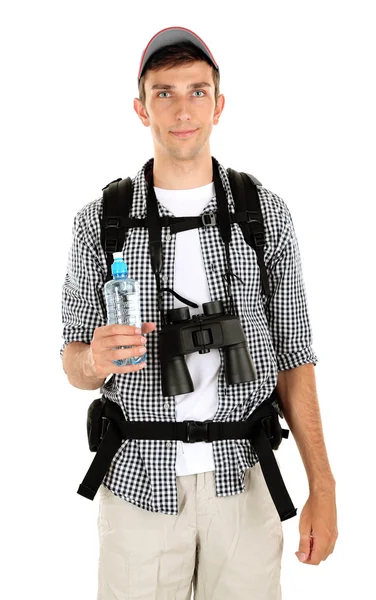 Unga hiker man turist hålla flaska vatten, isolerad på vit — Stockfoto