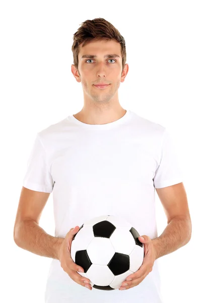 Joven futbolista sosteniendo pelota, aislado en blanco —  Fotos de Stock