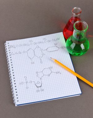 test tüpleri ile renkli sıvılar ve formüllerini gri arka plan üzerinde