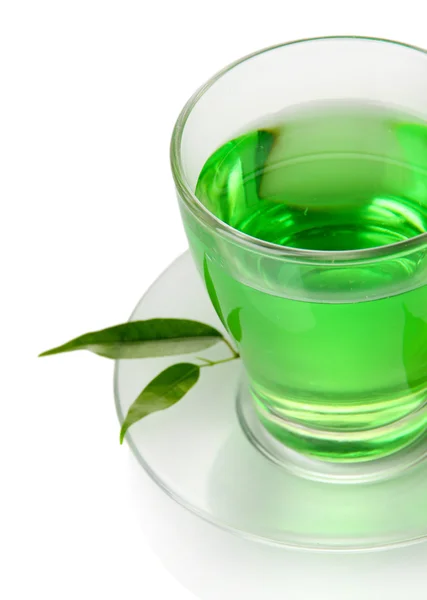 Tazza trasparente di tè verde, isolata su bianco — Foto Stock