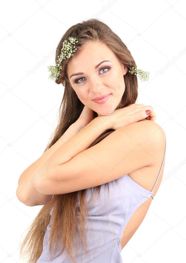 Young woman with beautiful hairstyle and wreath, isolated on white