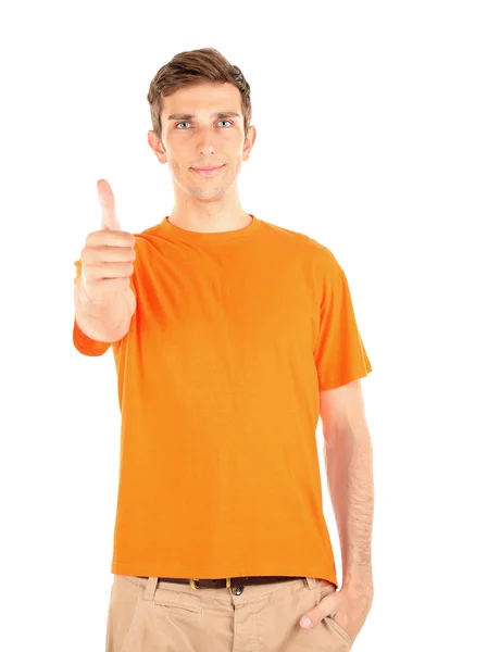 T-Shirt auf jungen Mann isoliert auf weiß — Stockfoto