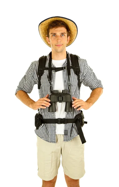 Homem jovem caminhante turista com binocular, isolado em branco — Fotografia de Stock