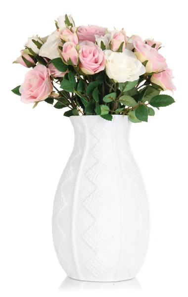Beautiful pink and white roses in vase isolated on white — Stock Photo, Image