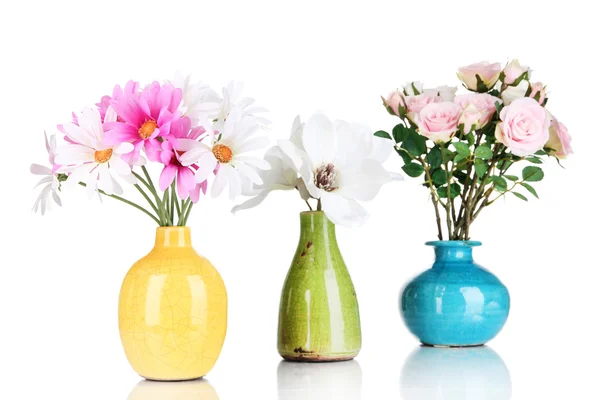 Lindas flores em vasos isolados em branco — Fotografia de Stock