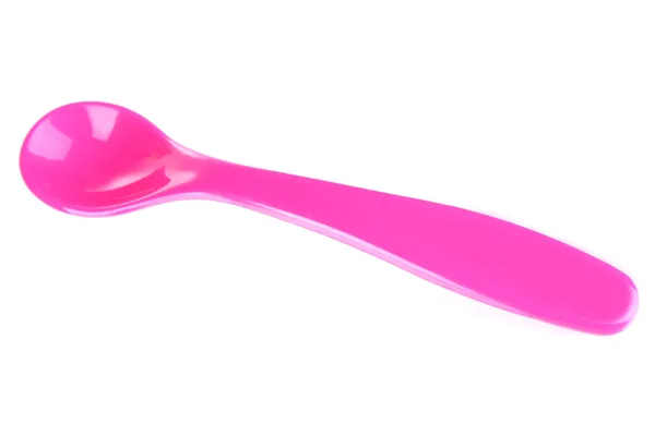 Pink spoon for baby food isolated on white — Stock Photo, Image
