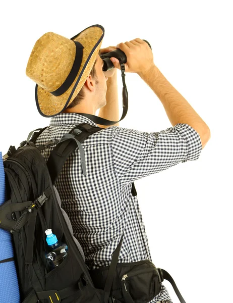 Turistické muž mladý turista s binokulární, izolovaných na bílém — Stock fotografie