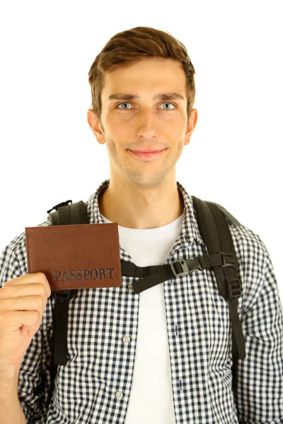 Young hiker man tourist holding passport, isolated on white — Stock Photo, Image