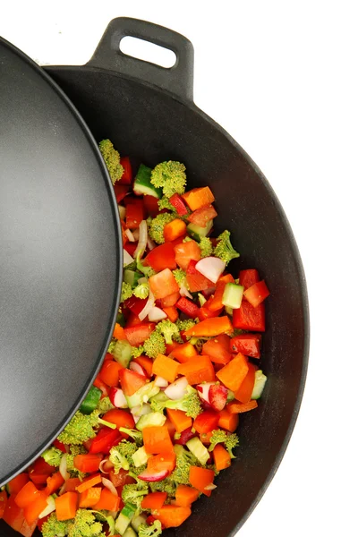 Vegetable ragout in wok, isolated on white — Stock Photo, Image