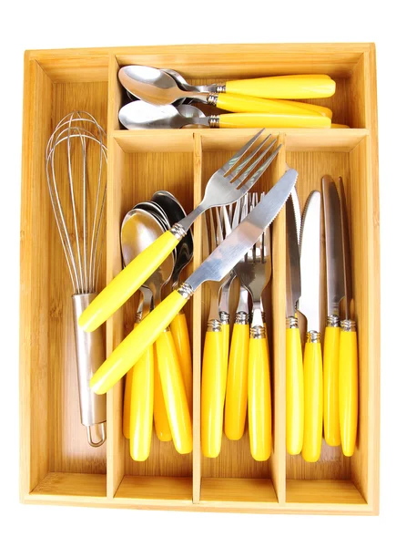 Caja de cubiertos de madera con cubiertos a cuadros aislados en blanco — Foto de Stock