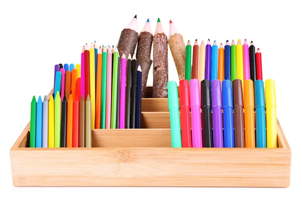 Different pencils in wooden crate, isolated on white — Stock Photo, Image