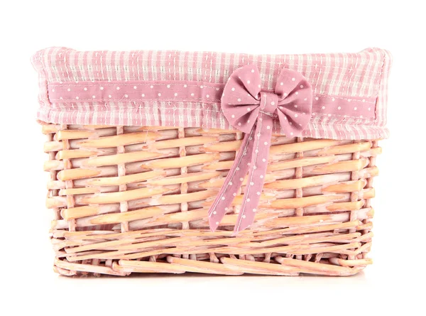 Beautiful basket with bow isolated on white — Stock Photo, Image