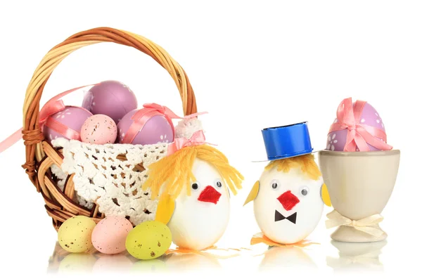 Easter eggs and two chicken toys isolated on white — Stock Photo, Image