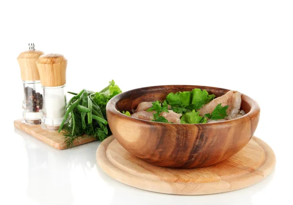 Chicken meat in wooden bowl, herbs, spices isolated on white — Stock Photo, Image