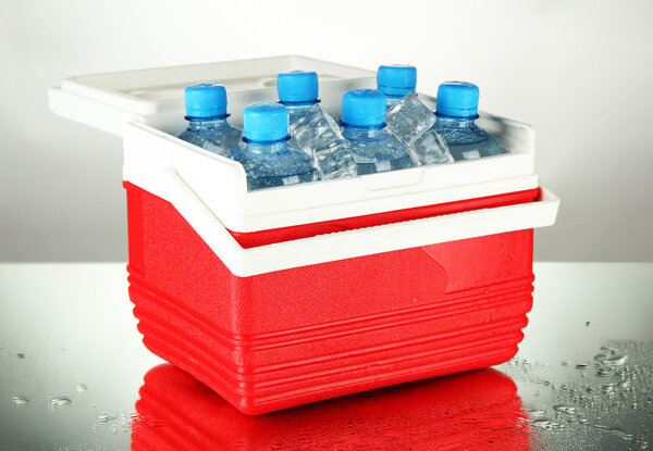 Traveling refrigerator with bottles of water and ice cubes, on grey background