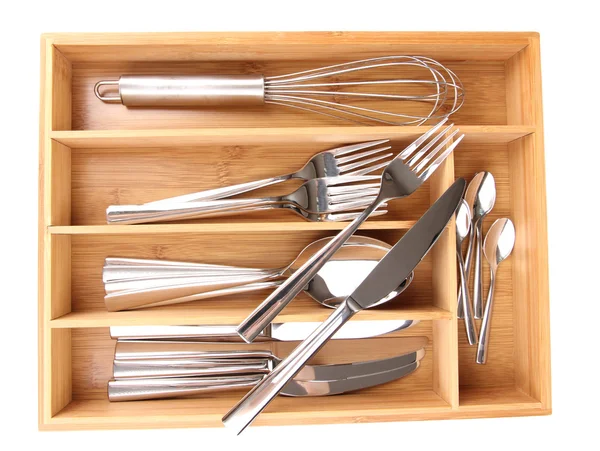 Wooden cutlery box with checked cutlery isolated on white — Stock Photo, Image