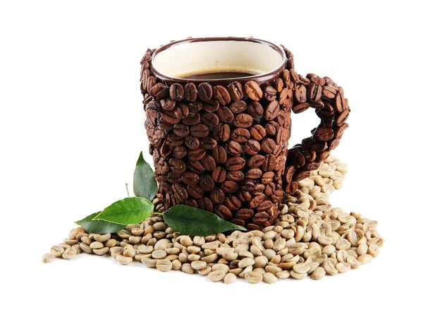 Csésze kávé bab és zöldbab elszigetelt fehér — Stock Fotó