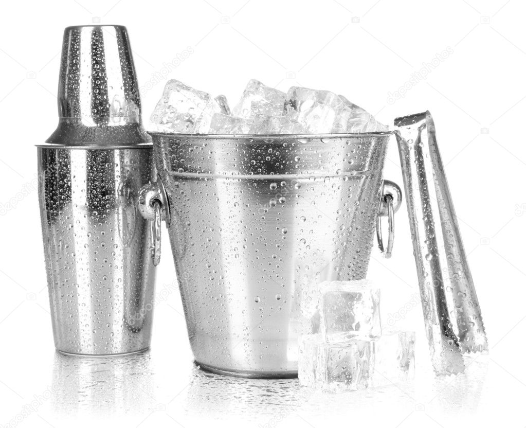Metal ice bucket and shaker isolated on white