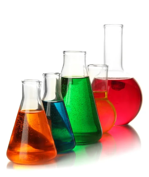 Tubos de ensaio com líquidos coloridos isolados a branco — Fotografia de Stock