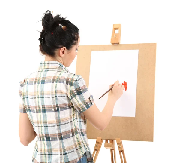 Beautiful young woman painter at work, isolated on white — Stock Photo, Image