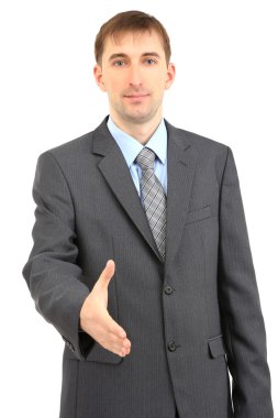 beyaz izole el sıkışmak için elini veren yong işadamı