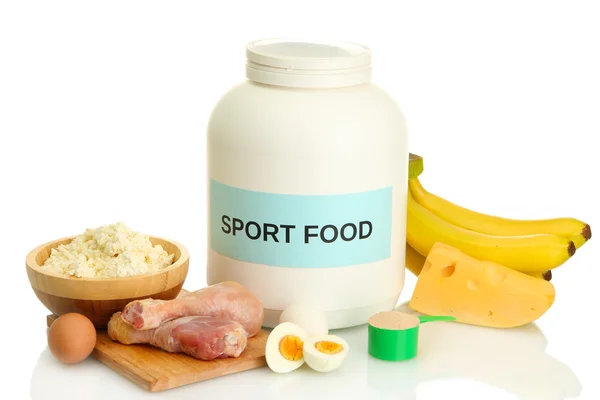 Frasco de proteína em pó e alimentos com proteína, isolado em branco — Fotografia de Stock