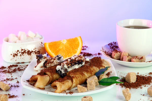Pancakes with chocolate on light background — Stock Photo, Image