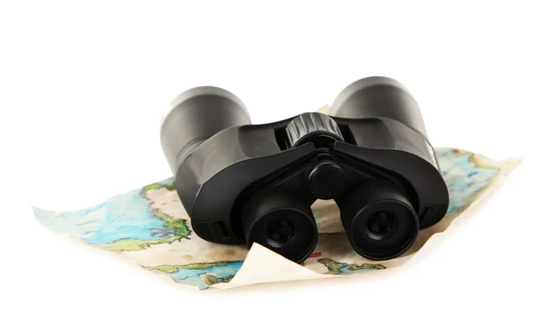 Black modern binoculars with map of adventure isolated on white — Stock Photo, Image