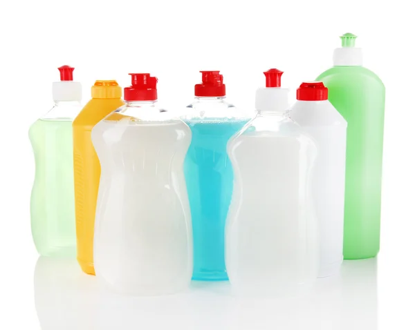 Botellas de líquido para lavar platos, aisladas sobre blanco —  Fotos de Stock