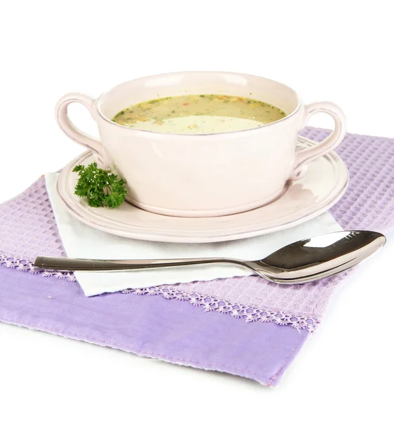 Sopa nutritiva con verduras en sartén aislada sobre blanco — Foto de Stock