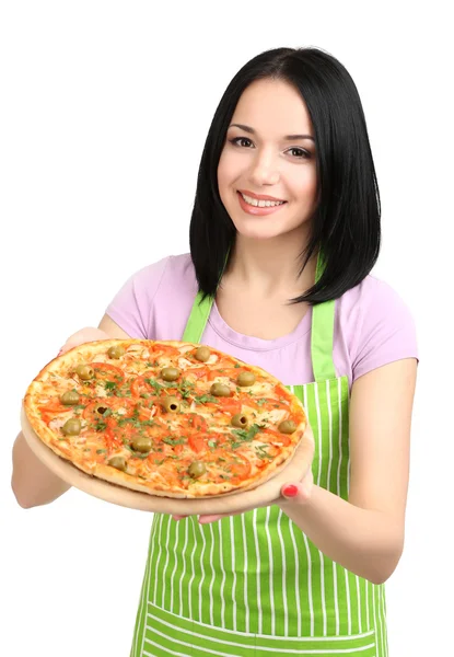 Meisje huisvrouw met heerlijke pizza geïsoleerd op wit — Stockfoto