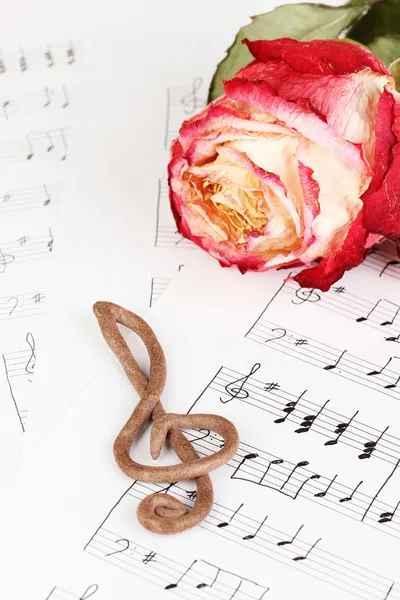 Treble clef and rose on musical background — Stock Photo, Image