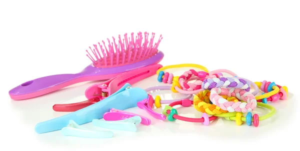 Scrunchies, escova de cabelo e cabelo - clipe isolado em um fundo branco — Fotografia de Stock