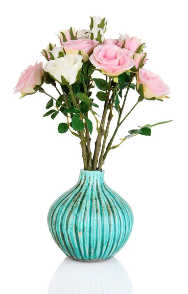 Beautiful pink and white roses in vase isolated on white — Stock Photo, Image