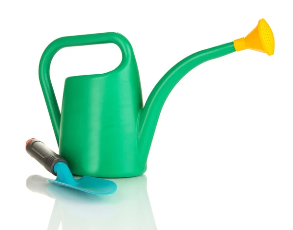 Green watering can with gardener accessories isolated on white — Stock Photo, Image